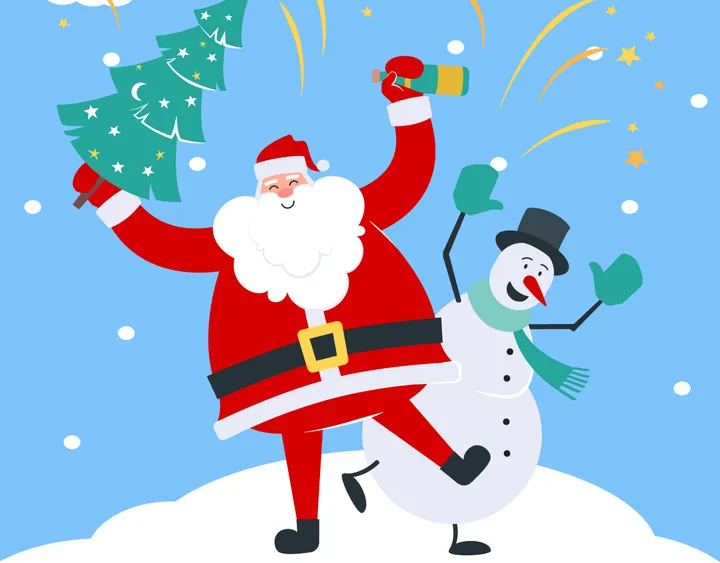 A cartoon Santa dancing with a snowman in the snow, from the app's start screen