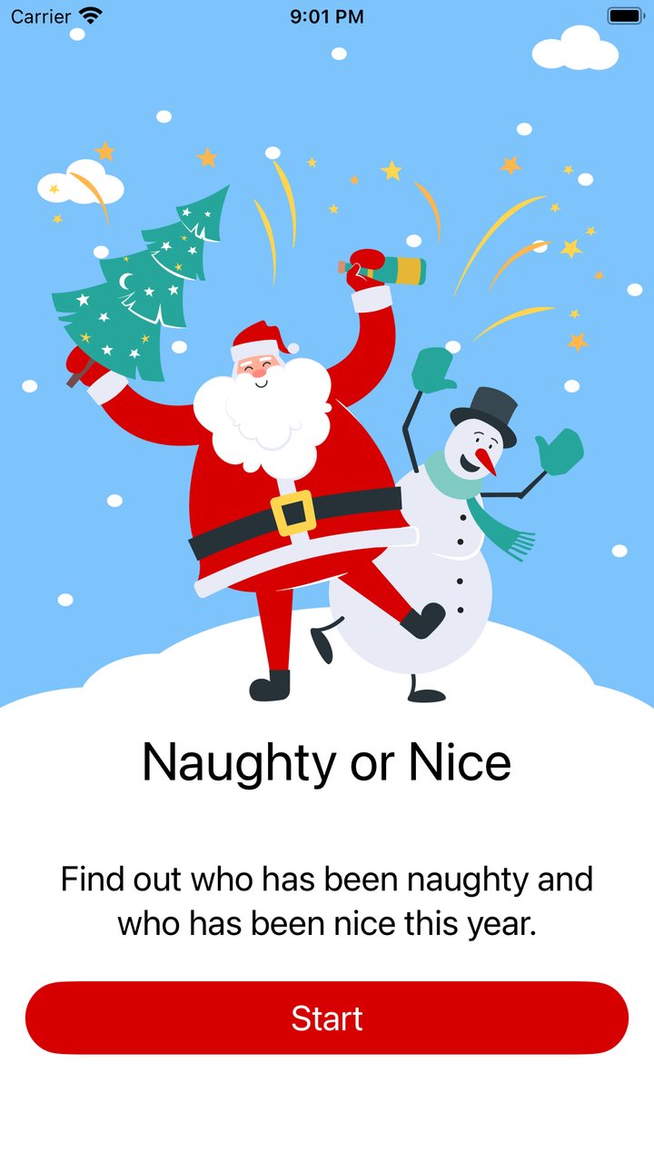 Naughty or Nice app start screen with a dancing Santa and snowman and a Start button