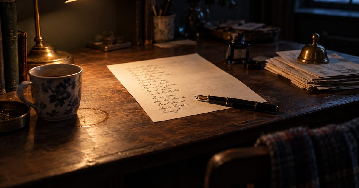 A handwritten list and a pen left on a desk under a lamp on a winter evening